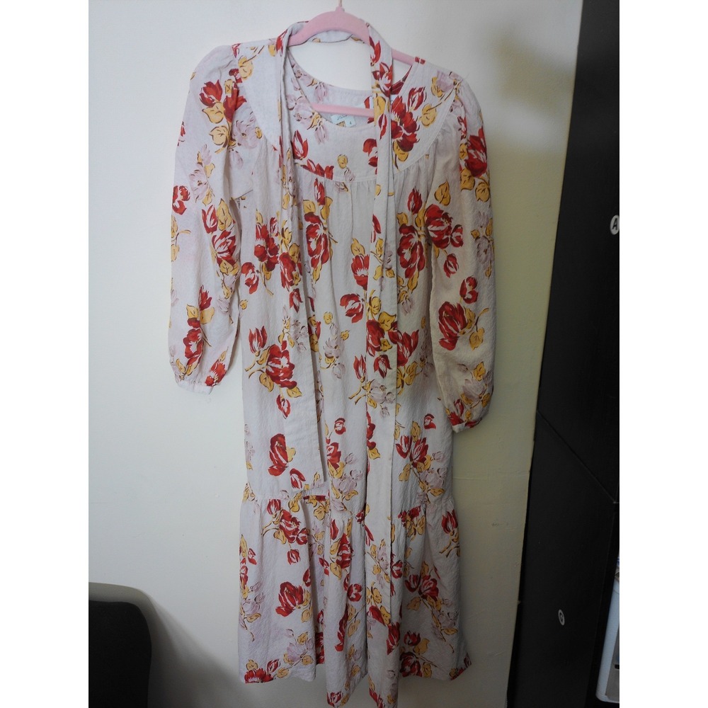 Jill Stuart Floral Midi Dress Womens 4 White Red Yellow Vtg Inspo Tiered 2160